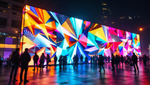 A photograph of a vibrant led display in an urban setting at night