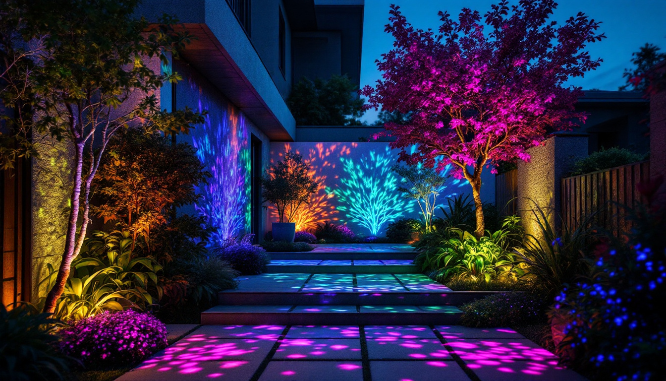 A photograph of a vibrant outdoor scene illuminated by colorful led projector lights