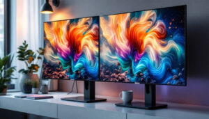 A photograph of a side-by-side comparison of a plasma display and an lcd led display