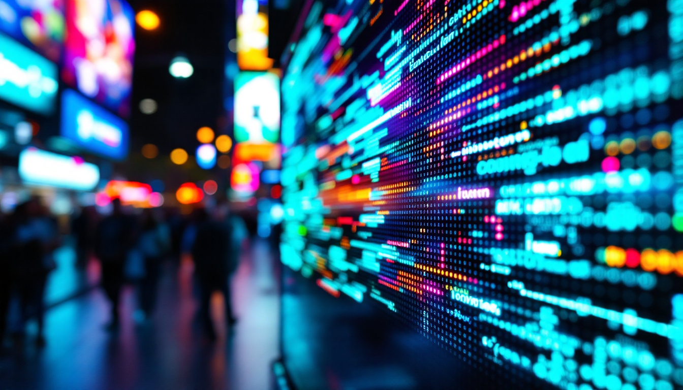 A photograph of a vibrant led display showcasing dynamic visuals or text from a distance of 10 feet