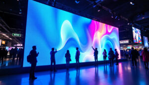 A photograph of a vibrant 16-foot led display in a dynamic setting