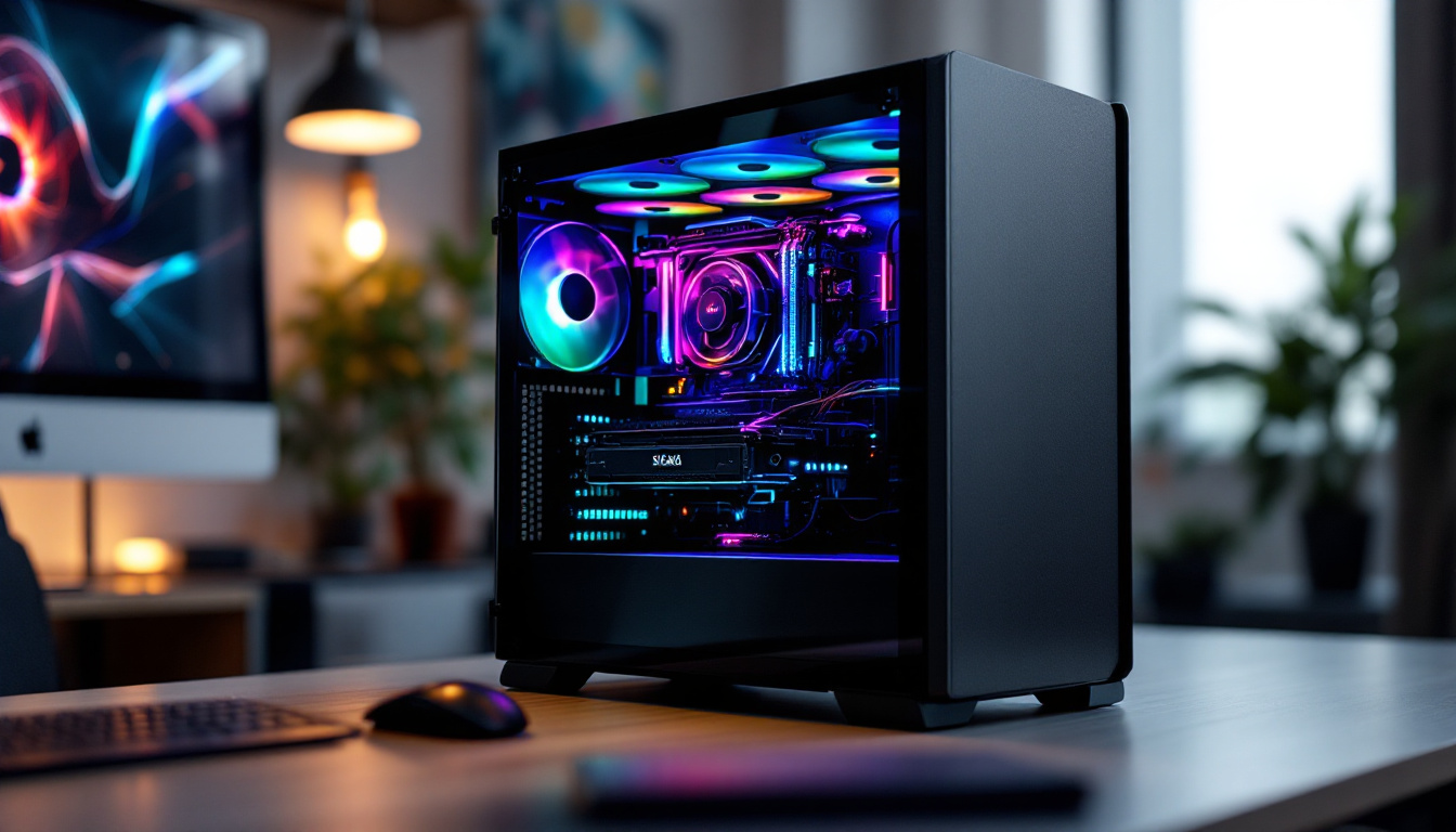 A photograph of capture a photograph of a sleek computer case featuring a vibrant lcd display