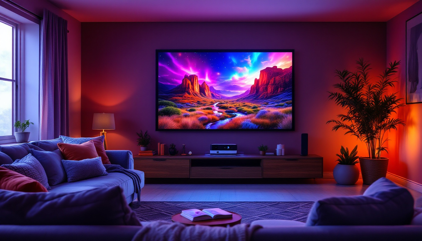 A photograph of a cozy home theater setup featuring a projector displaying vibrant visuals on a wall painted in an ideal color for enhancing image quality
