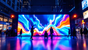 A photograph of a vibrant led display in a bustling urban setting
