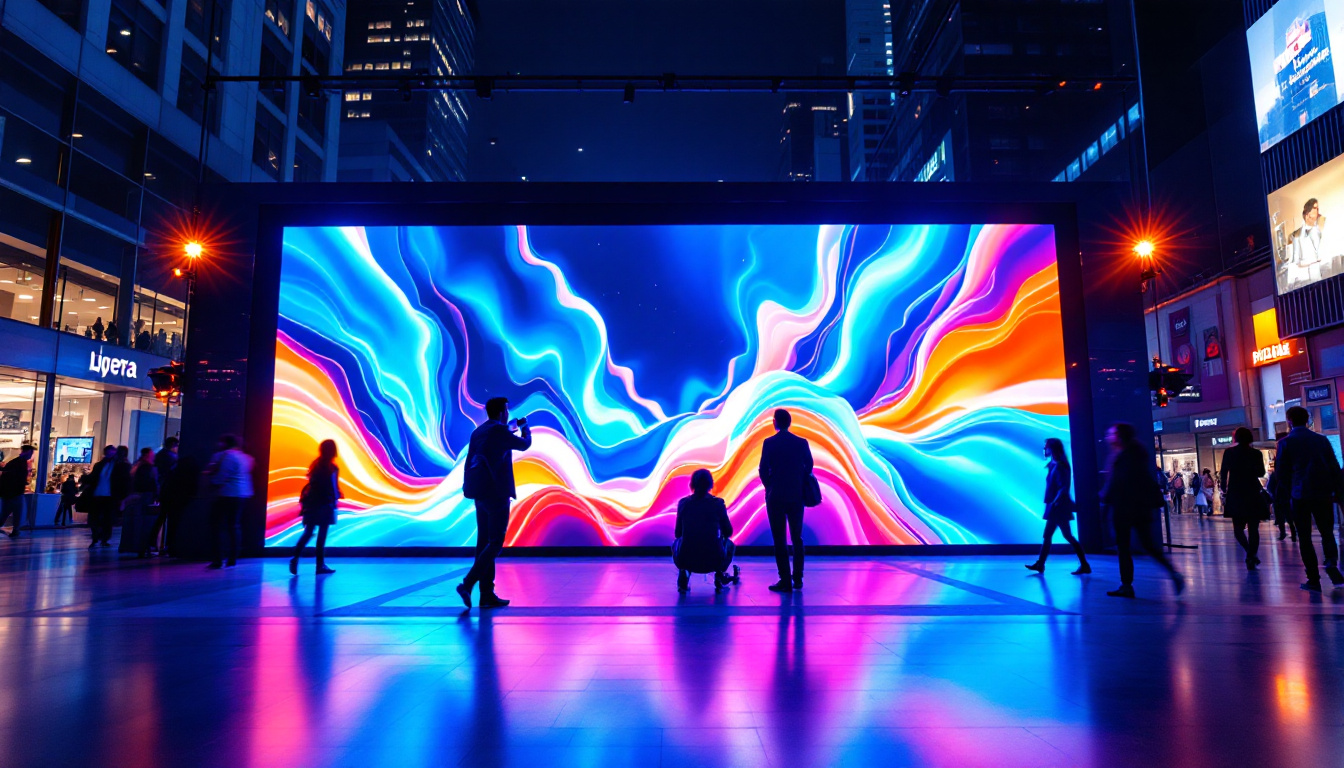 A photograph of a vibrant led display in a bustling urban setting