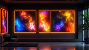 A photograph of a stylish interior featuring framed wallpaper panels integrated with vibrant led displays