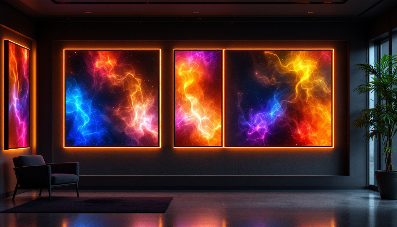 A photograph of a stylish interior featuring framed wallpaper panels integrated with vibrant led displays