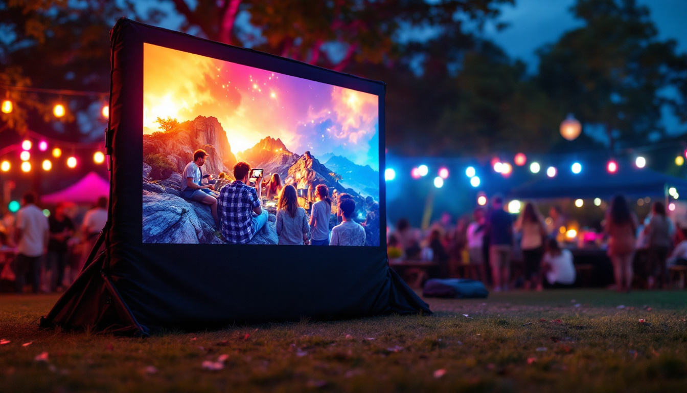 A photograph of a portable projector screen set up in an outdoor setting