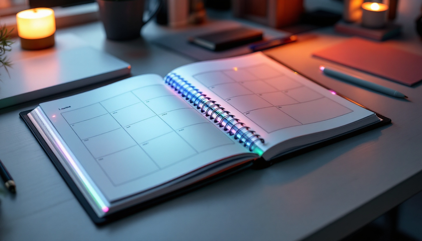 A photograph of a large print planner open on a desk