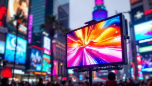 A photograph of a vibrant led display in a bustling california setting