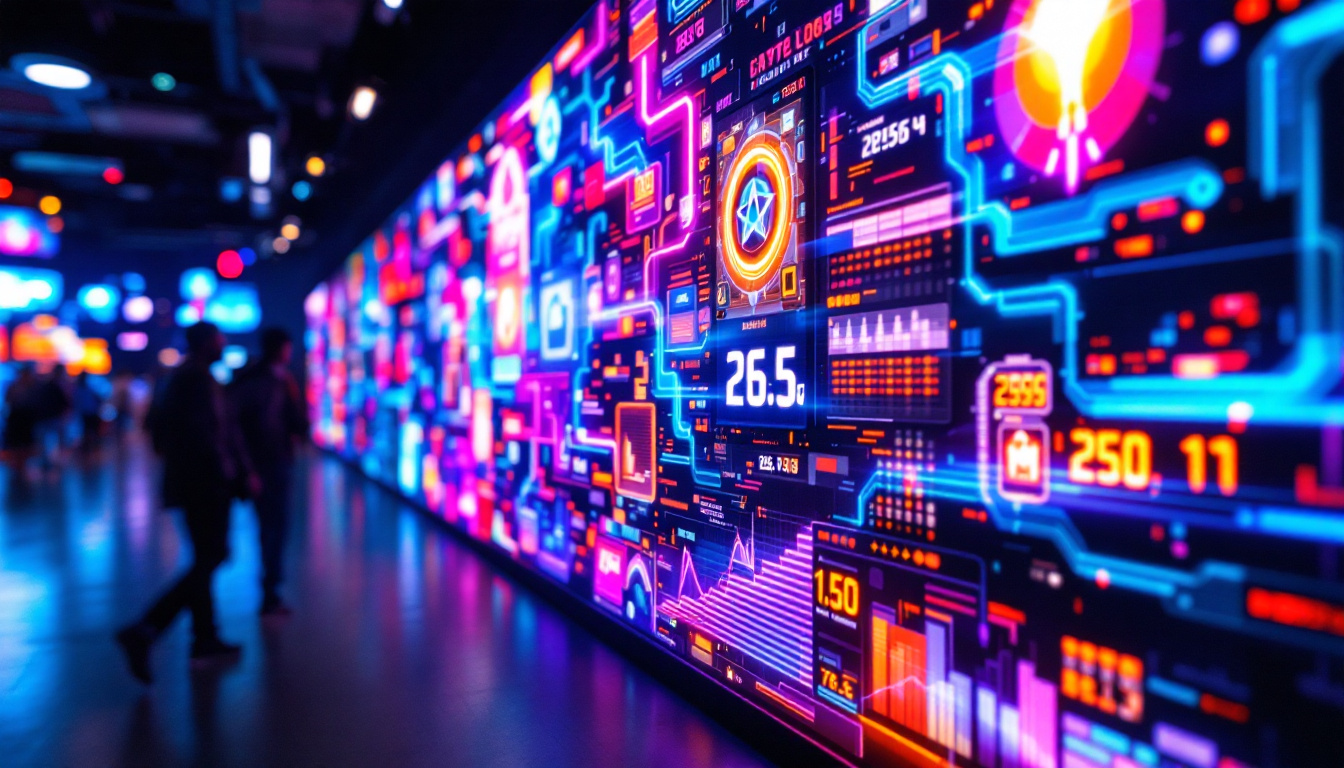 A photograph of a vibrant led display showcasing dynamic visuals and colorful graphics