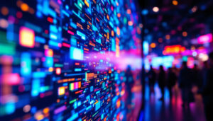 A photograph of a close-up shot of a vibrant led display in use