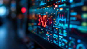 A photograph of a close-up shot of a device manager's touch screen interface displaying vibrant led graphics