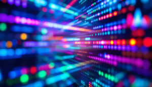 A photograph of a close-up shot of a vibrant led display showcasing colorful graphics or text