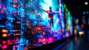 A photograph of a vibrant led display showcasing a dynamic movie scene