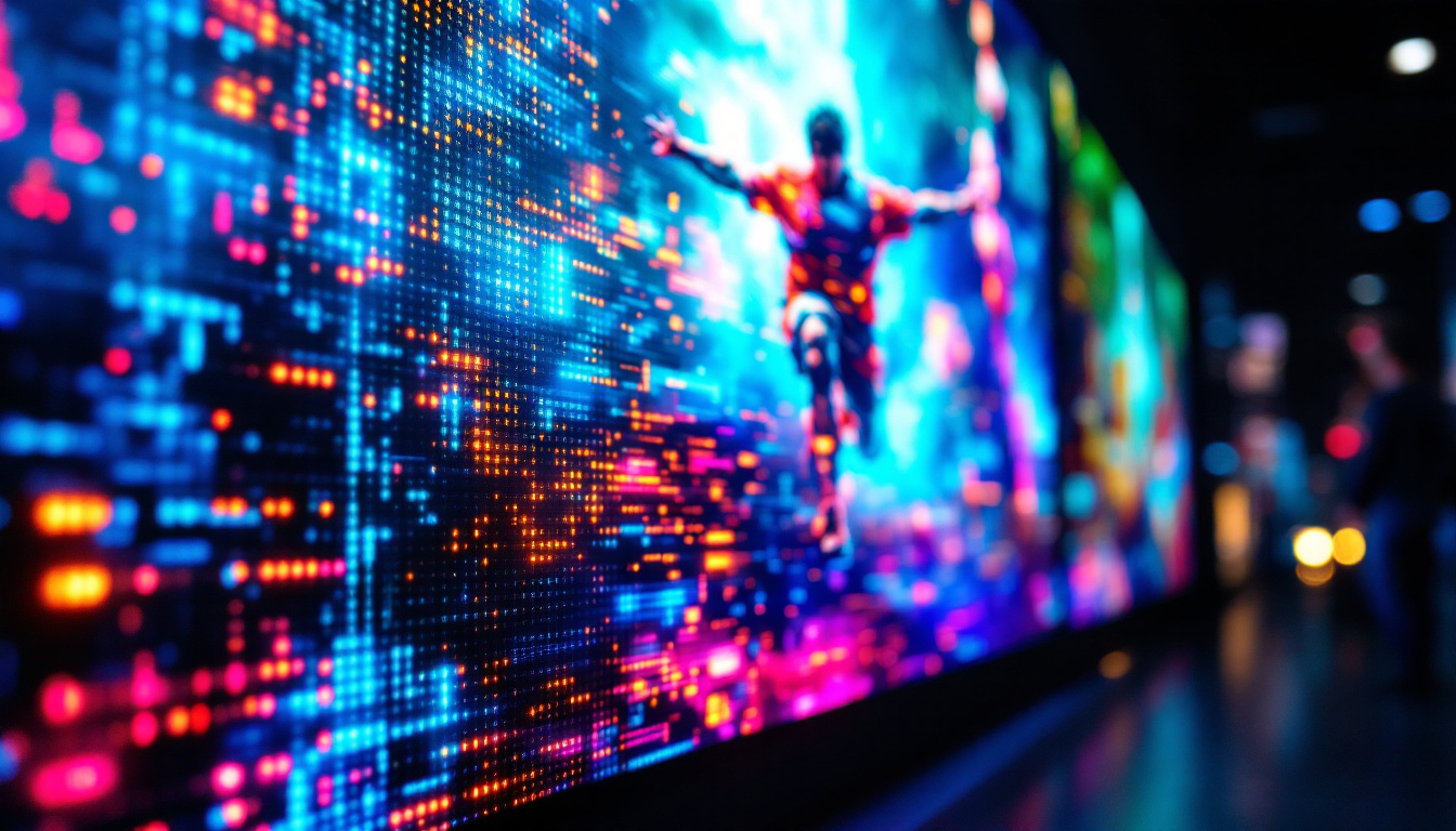 A photograph of a vibrant led display showcasing a dynamic movie scene