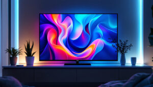 A photograph of a modern led lcd television displaying vibrant colors and sharp images