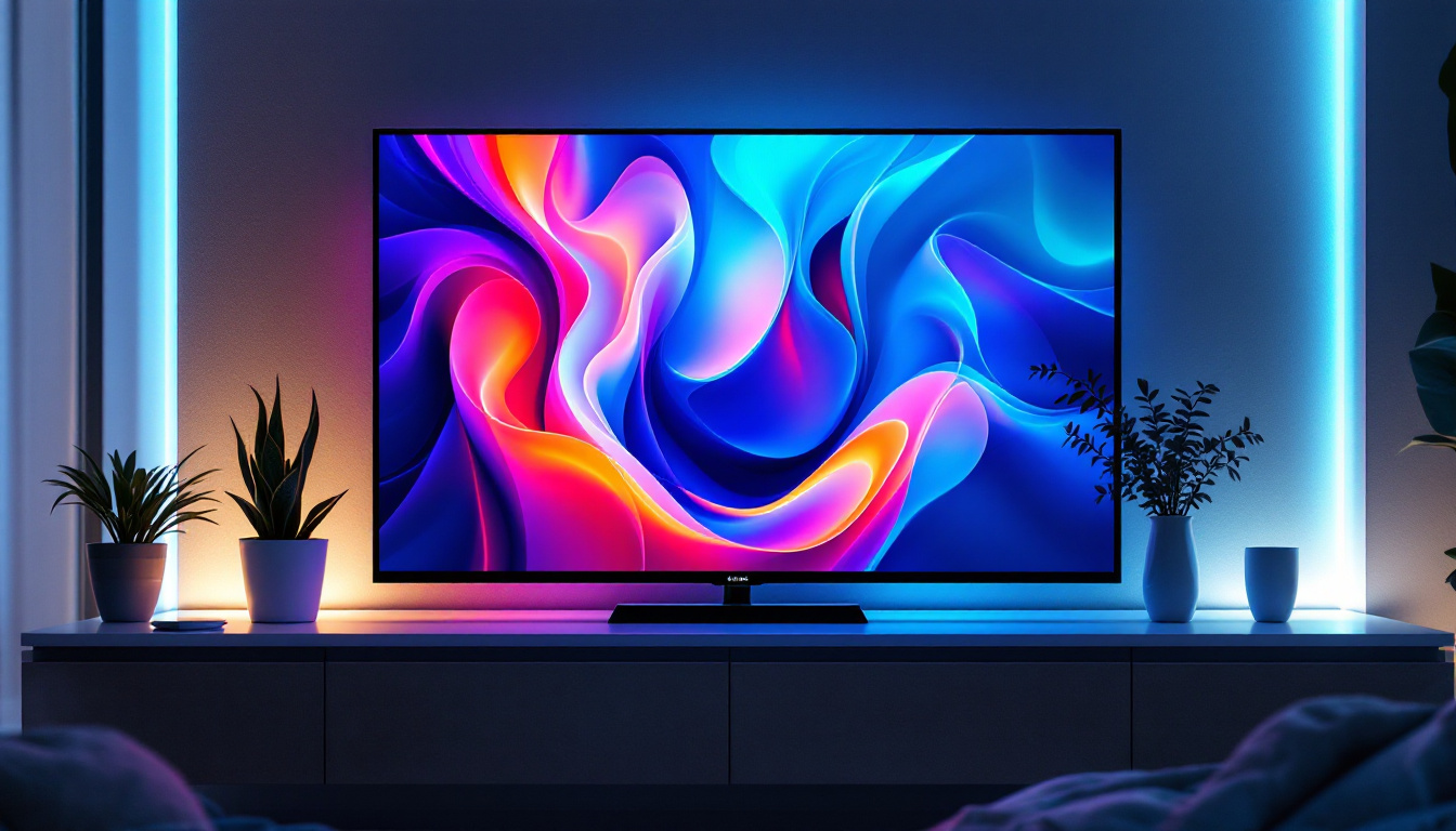 A photograph of a modern led lcd television displaying vibrant colors and sharp images