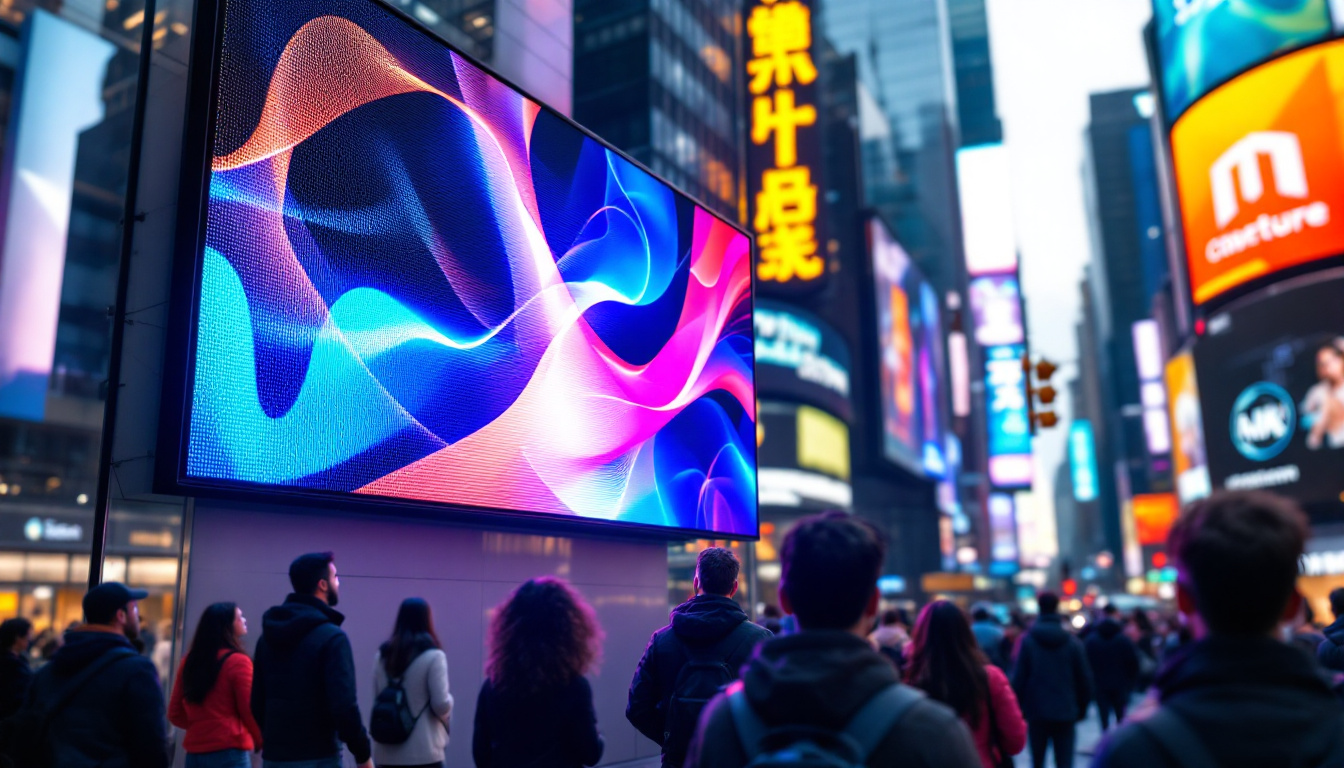 A photograph of capture a photograph of a vibrant led display in a bustling urban setting