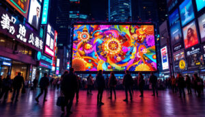 A photograph of capture a photograph of a vibrant led display in a dynamic urban setting