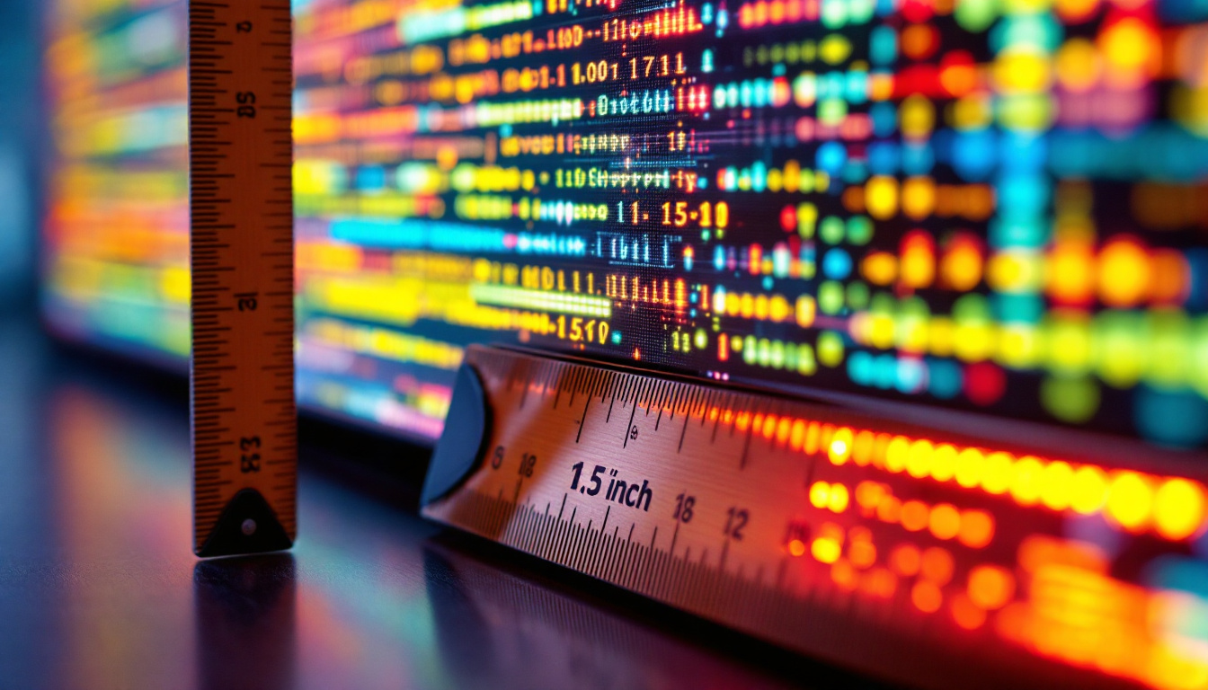 A photograph of a close-up view of a ruler measuring a vibrant led display screen