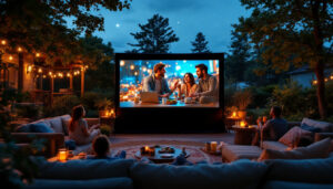 A photograph of a cozy outdoor movie setup featuring a projector screen displaying a vibrant film scene