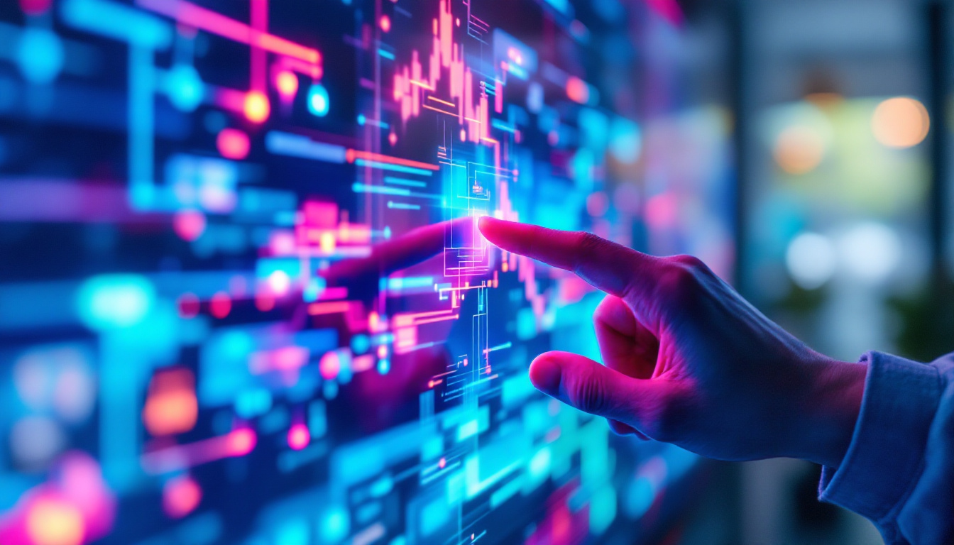 A photograph of a close-up shot of a touch screen tv displaying vibrant led visuals