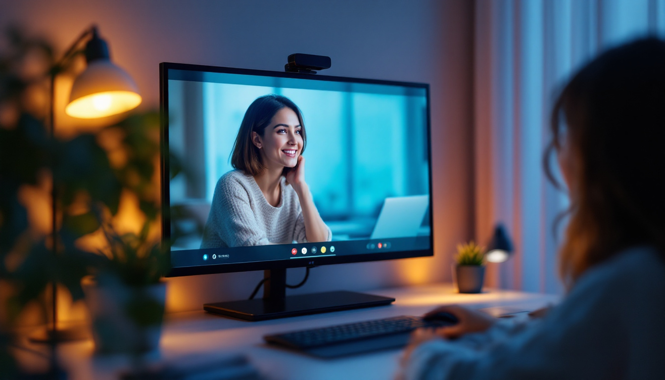 A photograph of a well-lit video conferencing setup featuring a person engaging in a virtual meeting