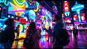 A photograph of a vibrant and dynamic led display in an urban setting