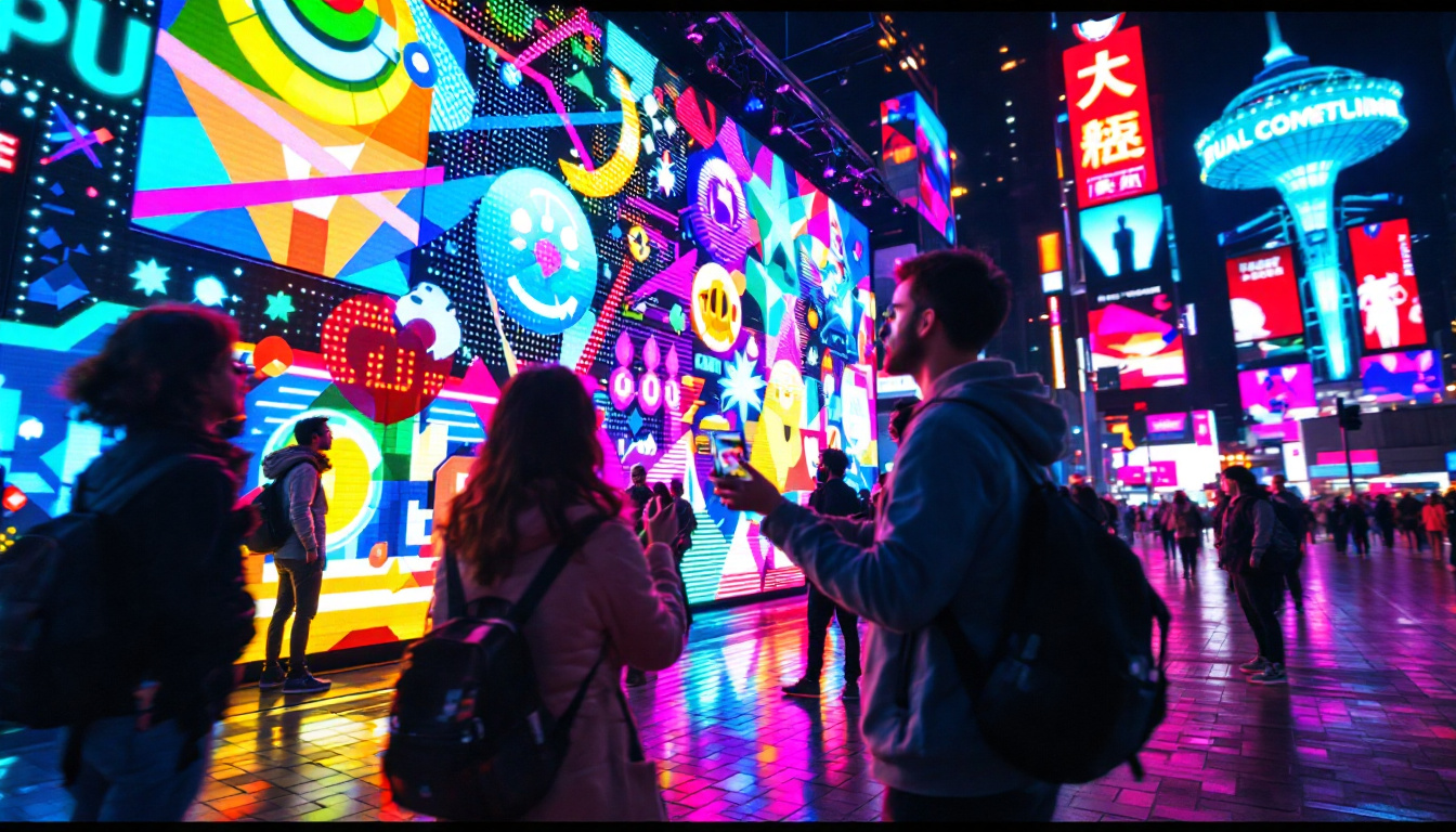 A photograph of a vibrant and dynamic led display in an urban setting