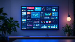 A photograph of a vibrant wall-mounted activity board featuring a sleek led display