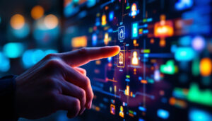 A photograph of a close-up shot of a hand interacting with a vibrant led touchscreen