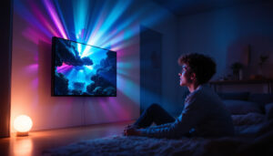 A photograph of a modern led projector in a dimly lit room