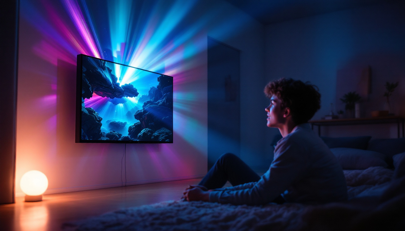 A photograph of a modern led projector in a dimly lit room