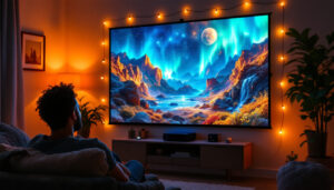 A photograph of a diy projector screen setup in a cozy home environment