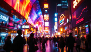 A photograph of a vibrant led display in a dynamic urban setting