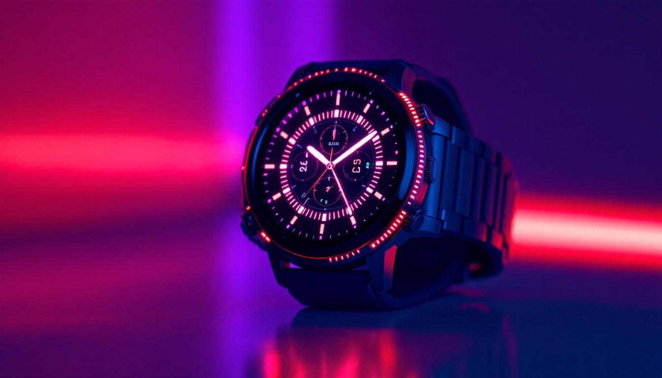A photograph of a large digital watch with a vibrant led display