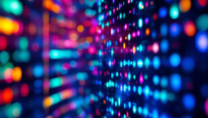 A photograph of a close-up of a vibrant led display screen showcasing dynamic colors and patterns