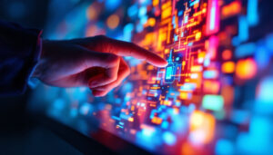 A photograph of a close-up shot of a vibrant led touch display in use