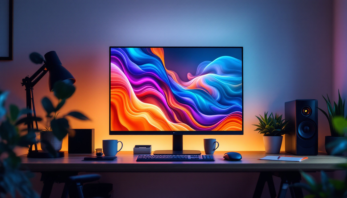 A photograph of a sleek 55-inch led desktop monitor displaying vibrant graphics and a clean