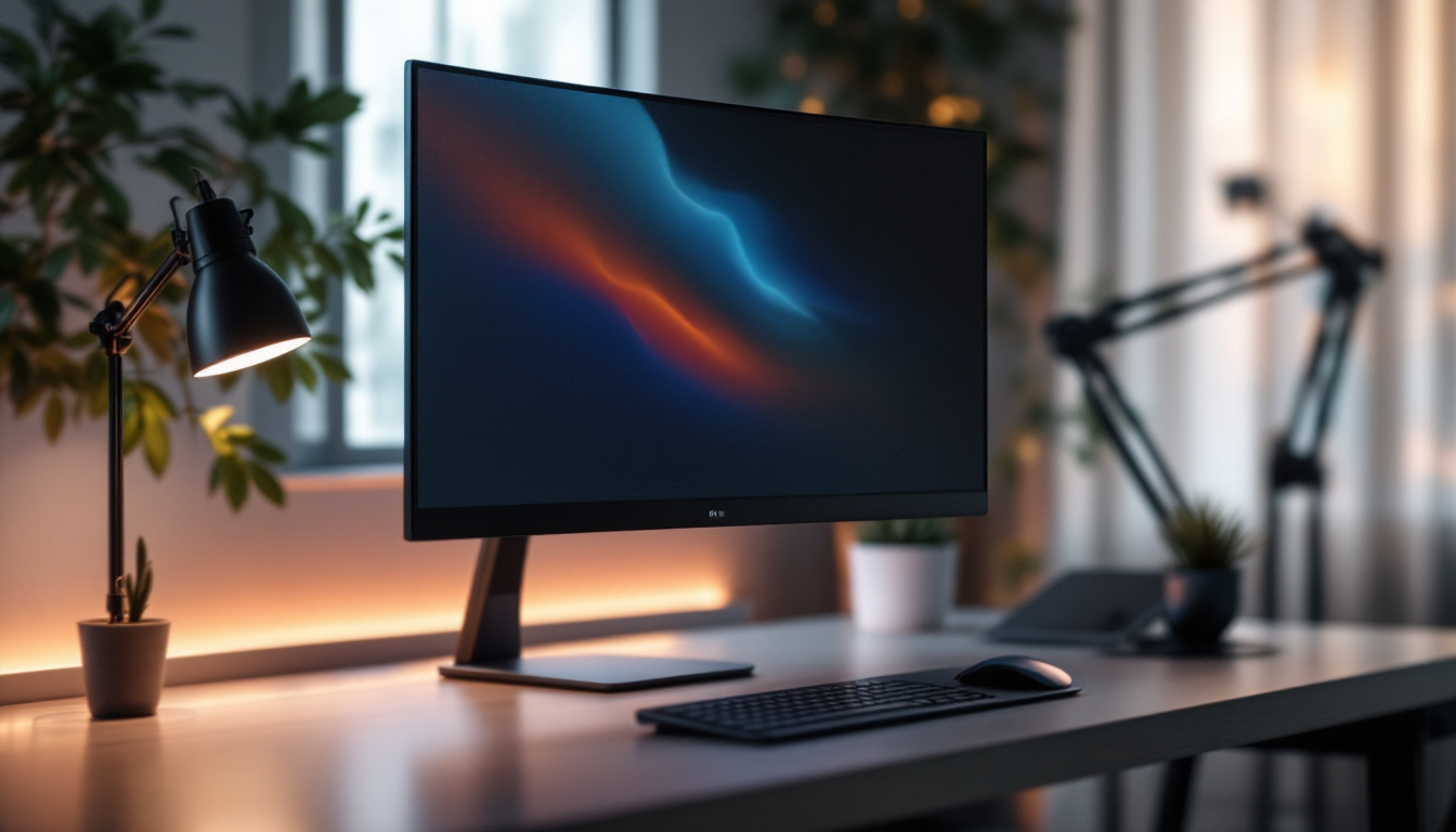 A photograph of capture a photograph of a sleek desktop setup featuring a monitor with a privacy screen in use