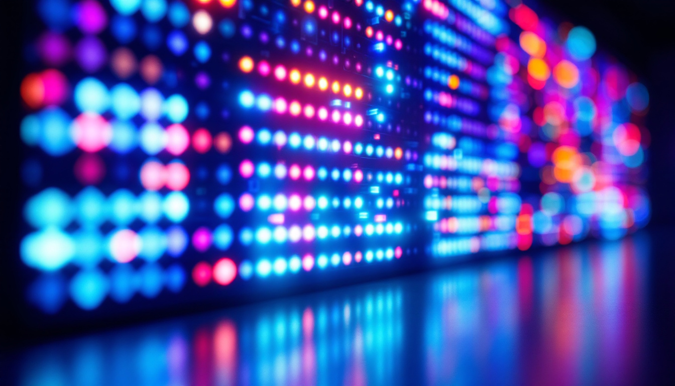 A photograph of an illuminated led display showcasing vibrant colors and dynamic patterns
