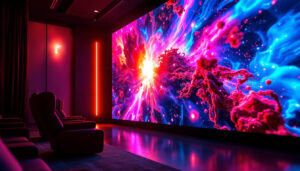 A photograph of a vibrant movie screen wall featuring a large led display in a cinematic setting