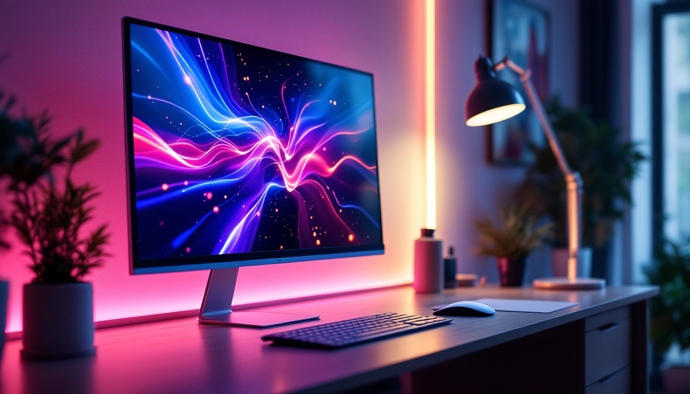 A photograph of a sleek silver desktop monitor displaying vibrant led graphics in a modern workspace