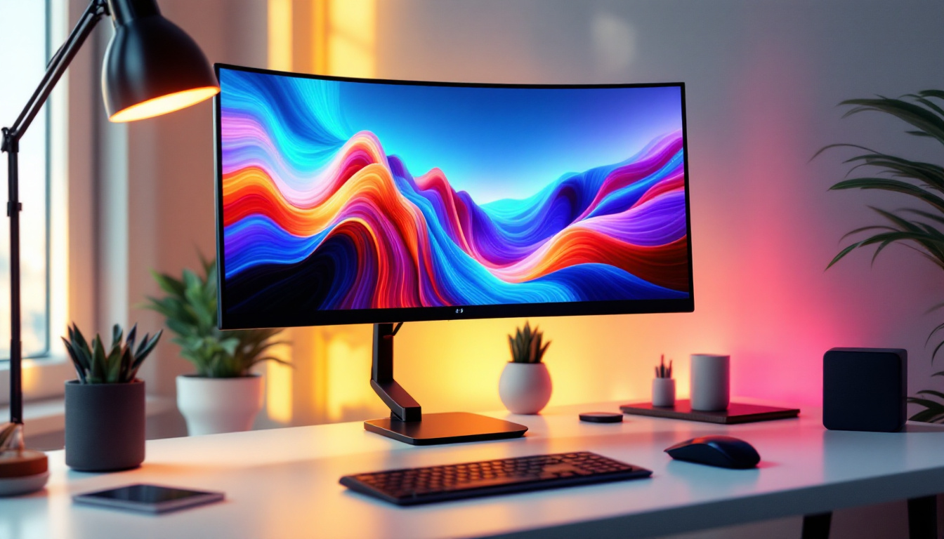 A photograph of a sleek desktop setup featuring a vesa monitor stand with an led display