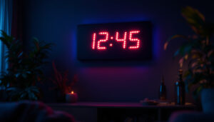 A photograph of capture a photograph of a sleek wall projection clock displaying vibrant led numbers against a dark background