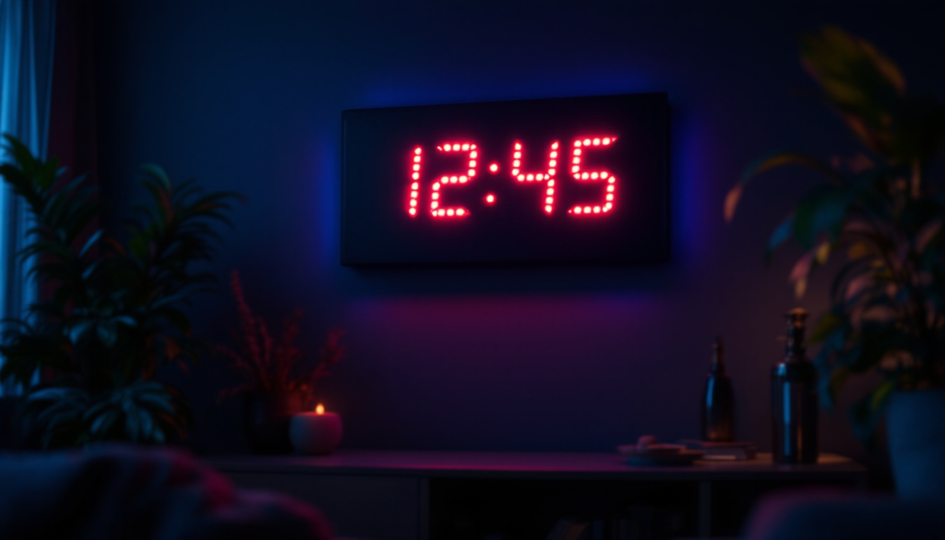 A photograph of capture a photograph of a sleek wall projection clock displaying vibrant led numbers against a dark background