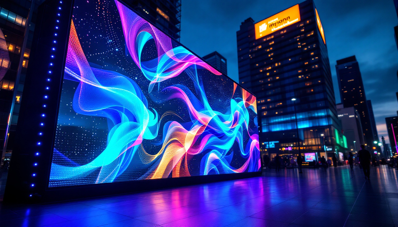 A photograph of a vibrant led display showcasing dynamic motion graphics