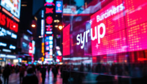 A photograph of a vibrant led display showcasing a business's logo or promotional message in a bustling urban environment