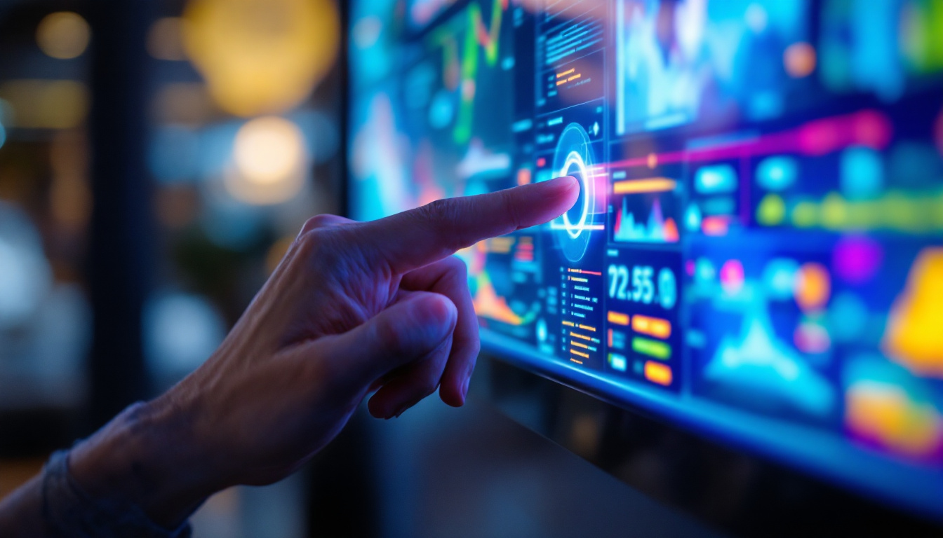 A photograph of a close-up of a person interacting with a touchscreen led display
